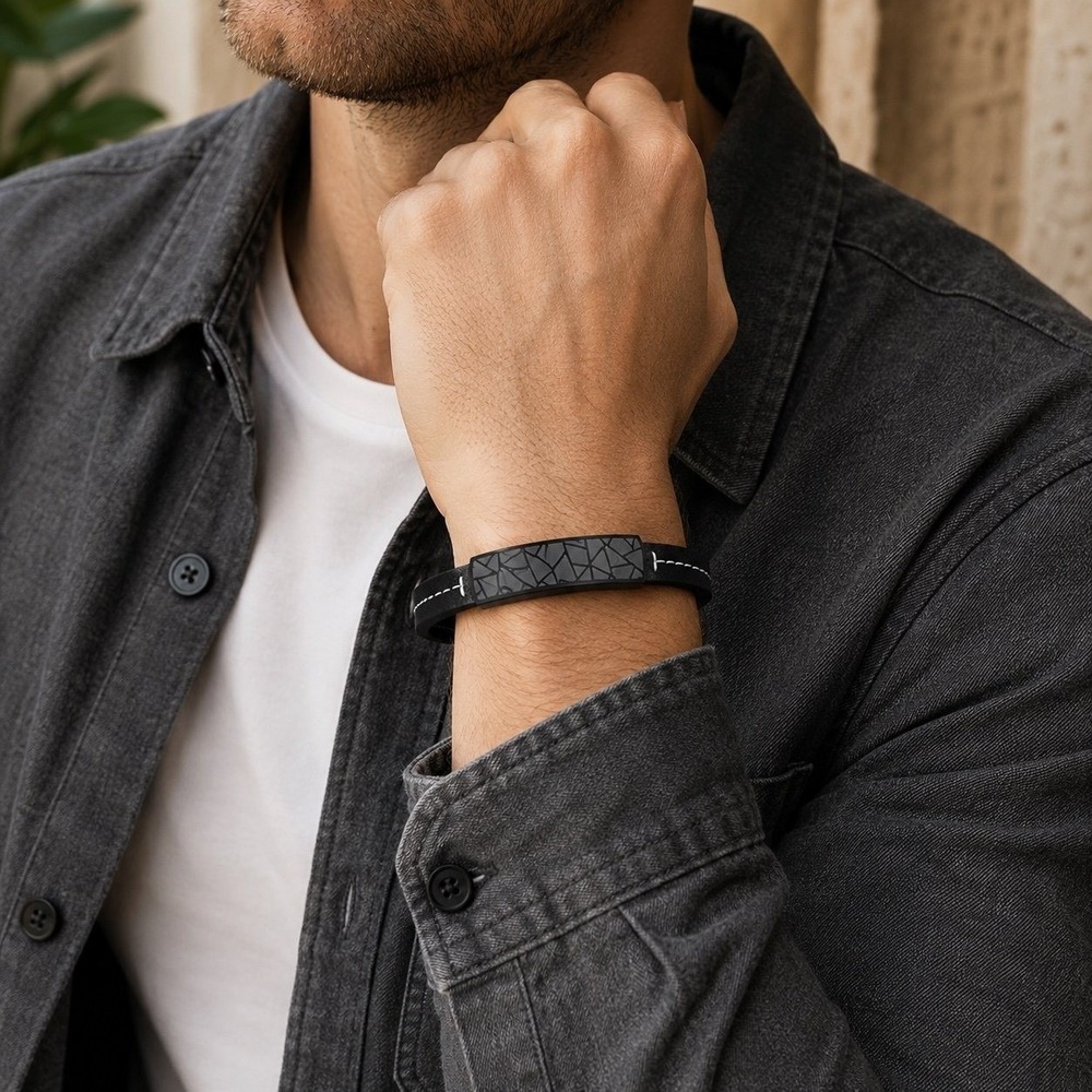 Men's Black Leather‎ Bracelet Stainless Steel Geometric Magnetic Clasp NEW